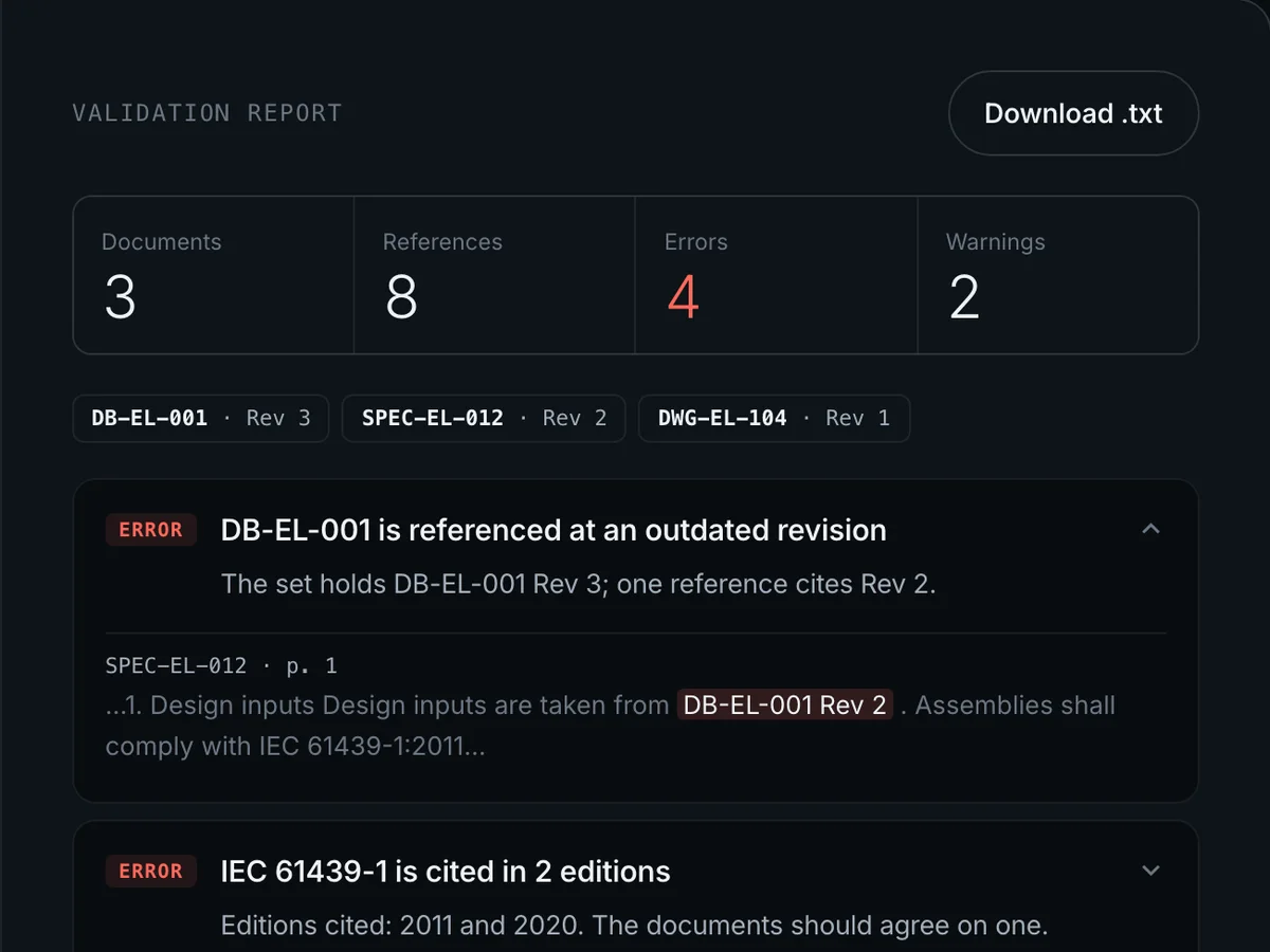 A BravoDoc validation report: three documents, four errors and two warnings, the first finding opened to show the line it came from